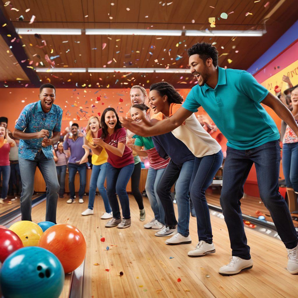 A vibrant scene of a diverse group of bowlers celebrating together in a bowling alley, with confetti falling around them. Include animated bowling balls rolling down the lanes, trophy displays, and enthusiastic spectators cheering in the background. Showcase different ages and skill levels, emphasizing camaraderie and competition. The warm lighting creates an inviting atmosphere, encouraging community spirit. super-realistic. vibrant colors. dynamic composition.