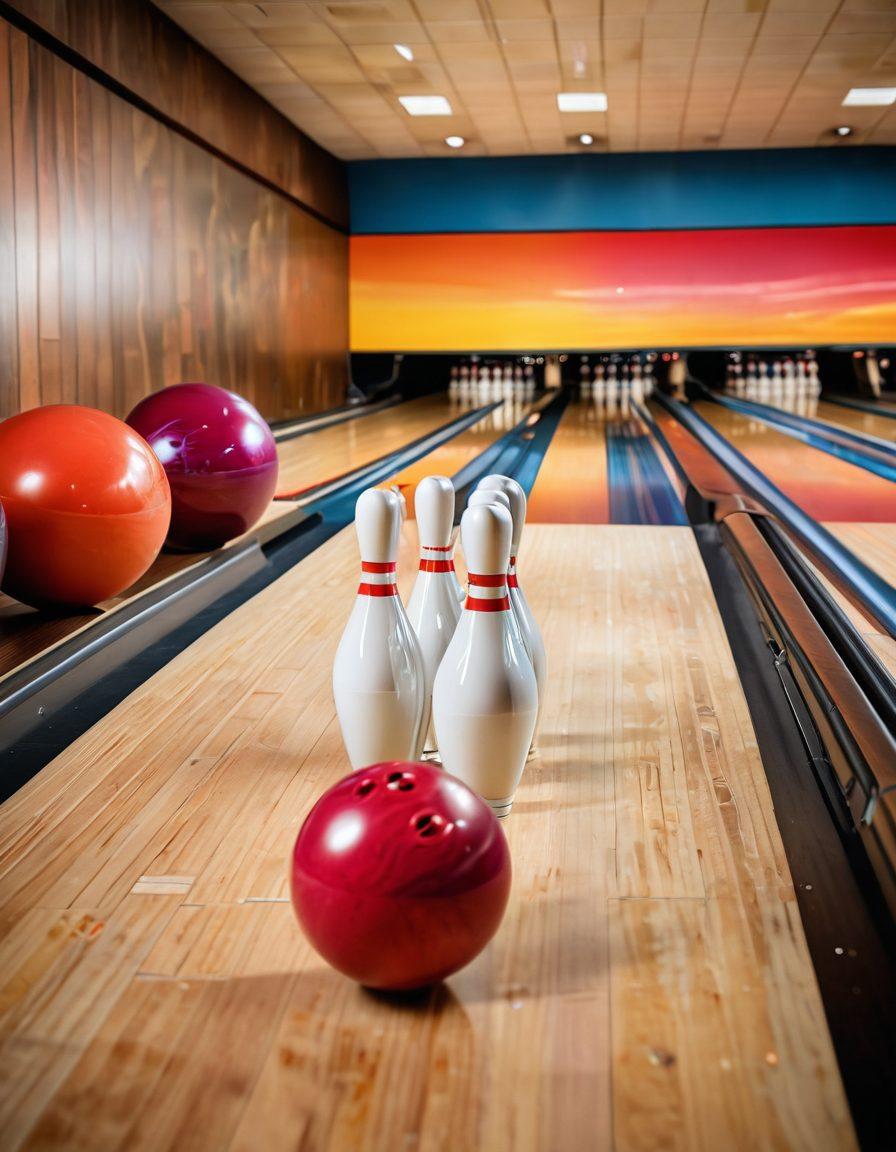 A dynamic scene showcasing a variety of high-quality bowling equipment, including customized bowling balls, stylish bowling bags, and sleek shoes, arranged around a polished wooden bowling lane. Incorporate an enthusiastic bowler mid-action, aiming for a strike, with colorful bowling pins scattered in the background. Include soft lighting to highlight the equipment, and a motivational quote subtly integrated into the scene. super-realistic. vibrant colors. bowling alley setting.