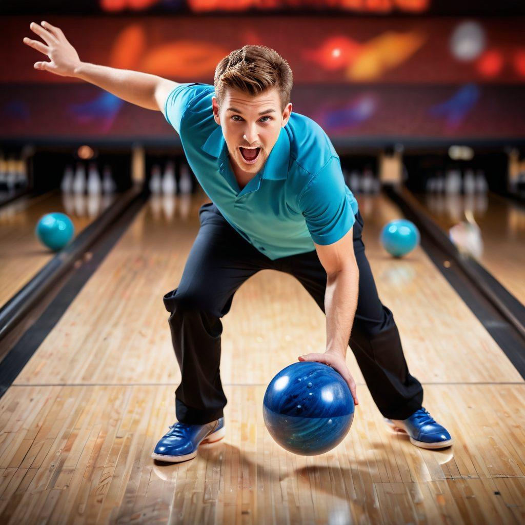 A dynamic action shot of a bowler in mid-pose, stylishly releasing a bowling ball, with colorful bowling pins scattering in the background. The image should highlight essential bowling gear like a sleek bowling ball and personalized bowling shoes, surrounded by vibrant lane lights and a cheering crowd. Capture the excitement and energy of a bowling game. super-realistic. vibrant colors. action-packed.